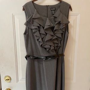 Gray sleeveless belted dress with ruffles at chest